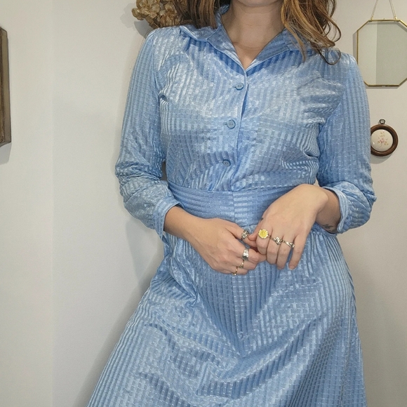 True Vintage 50s 60s Baby Blue Ribbon Dress Collared Swing Womens 10* Button - Picture 7 of 9